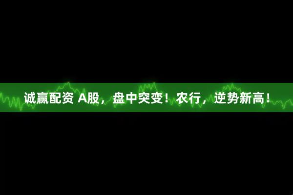诚赢配资 A股，盘中突变！农行，逆势新高！